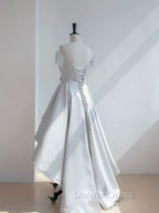 A-Line Scoop Neckline Lace Gray Prom Dresses, High Low Style Satin Formal Dresses