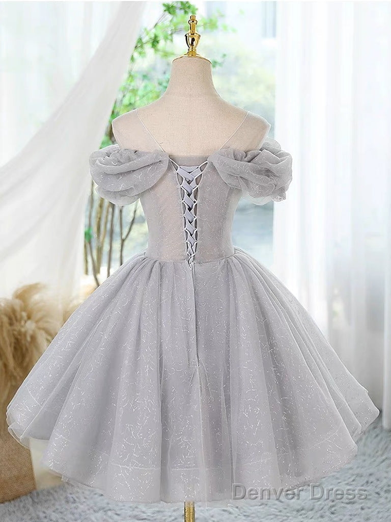 A-Line Scoop Neckline Off Shoulder Tulle Gray Short Prom Dress With Lace Beads Secondary image