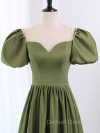 A-Line Scoop Neckline Puff Sleeves Satin Long Green Prom Dresses, Green Formal Dresses