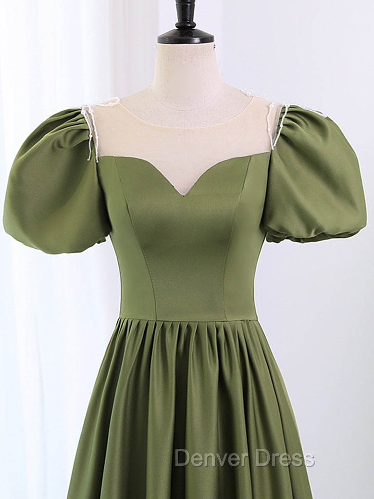 A-Line Scoop Neckline Puff Sleeves Satin Long Green Prom Dresses, Green Formal Dresses