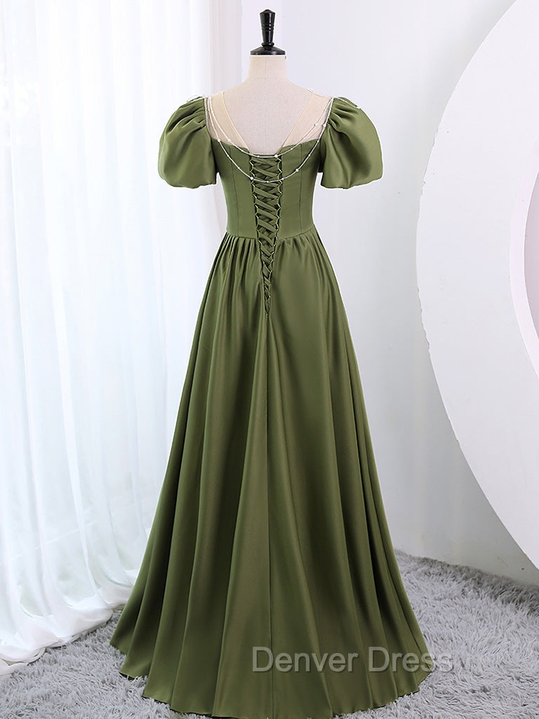 A-Line Scoop Neckline Puff Sleeves Satin Long Green Prom Dresses, Green Formal Dresses