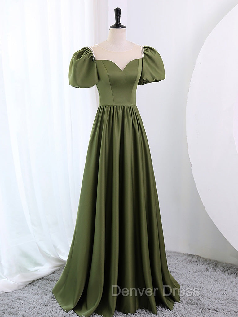 A-Line Scoop Neckline Puff Sleeves Satin Long Green Prom Dresses, Green Formal Dresses Secondary image