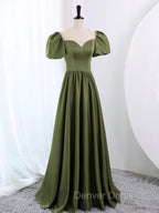 A-Line Scoop Neckline Puff Sleeves Satin Long Green Prom Dresses, Green Formal Dresses