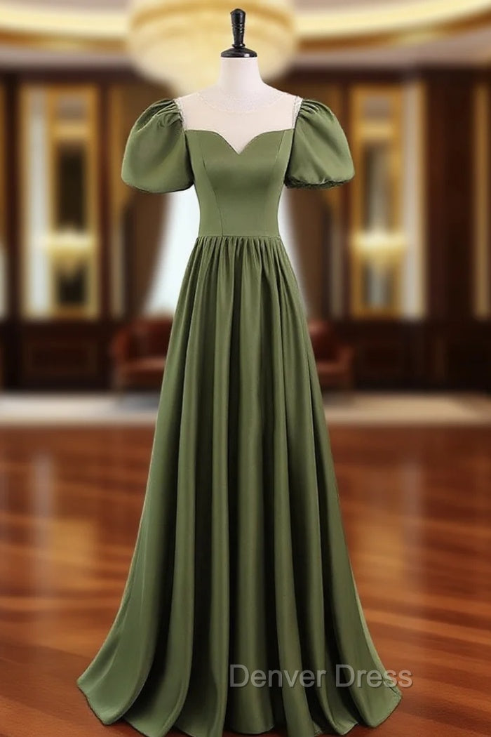 A-Line Scoop Neckline Puff Sleeves Satin Long Green Prom Dresses, Green Formal Dresses Main image
