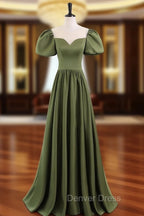 A-Line Scoop Neckline Puff Sleeves Satin Long Green Prom Dresses, Green Formal Dresses
