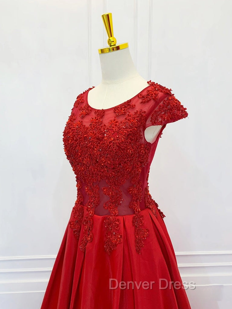 A-Line Scoop Neckline Satin Lace Burgundy Long Prom Dresses, Burgundy Lace Long Formal Dresses