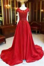 A-Line Scoop Neckline Satin Lace Burgundy Long Prom Dresses, Burgundy Lace Long Formal Dresses