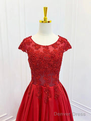 A-Line Scoop Neckline Satin Lace Burgundy Long Prom Dress Formal Dress Short Sleeves December Wedding Guest Dress