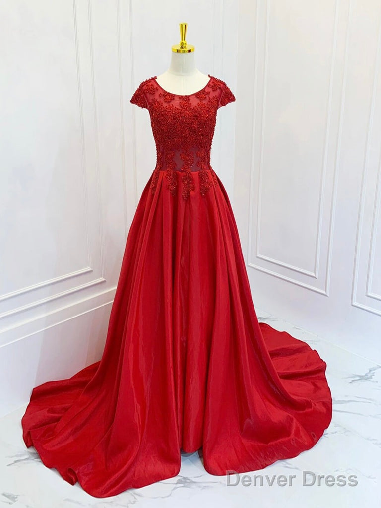 A-Line Scoop Neckline Satin Lace Burgundy Long Prom Dress Formal Dress Short Sleeves December Wedding Guest Dress Main image
