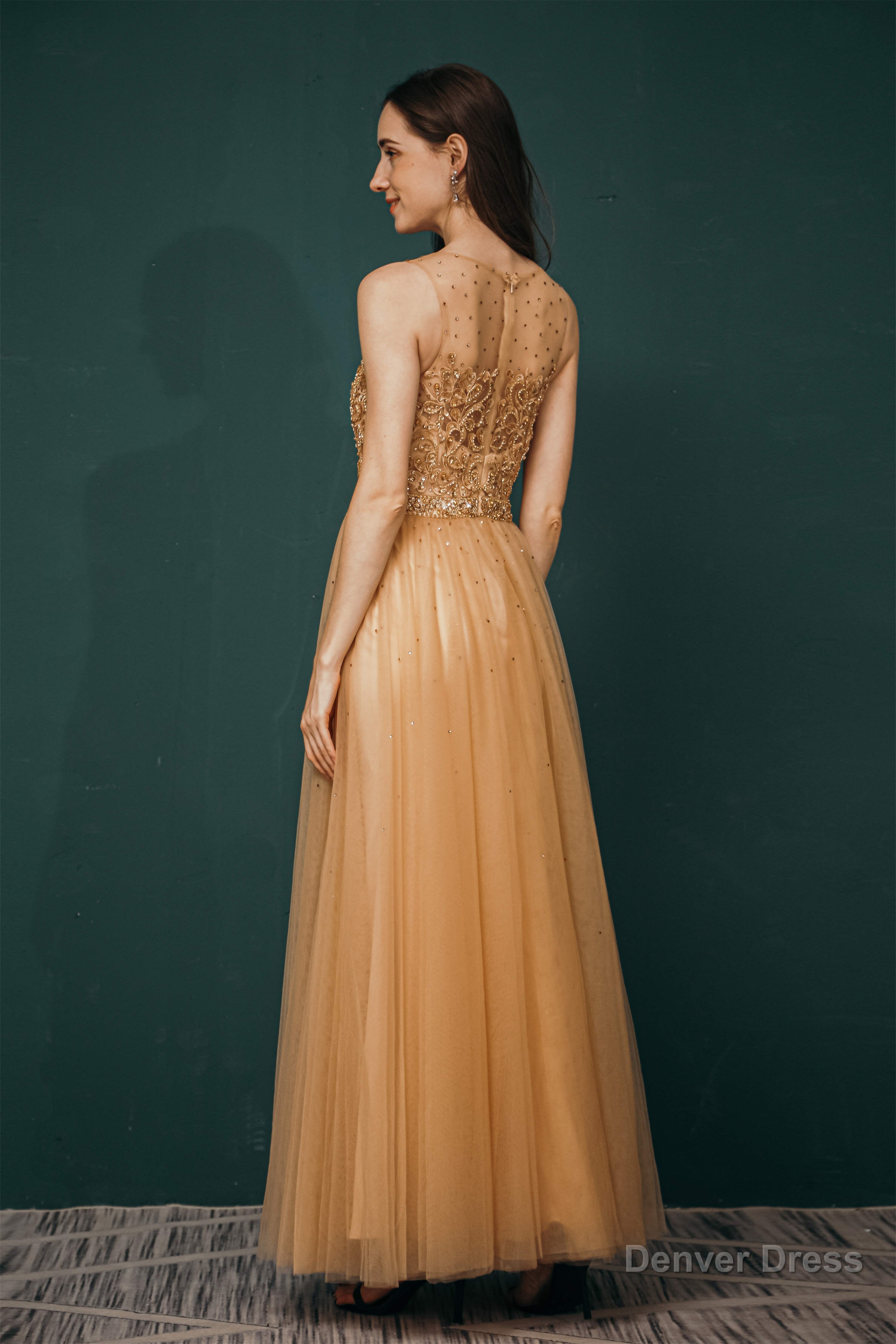 A Line Scoop Neckline Sheer Appliques Beaded Ankle Length Prom Dresses