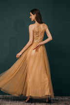 A Line Scoop Neckline Sheer Appliques Beaded Ankle Length Prom Dresses