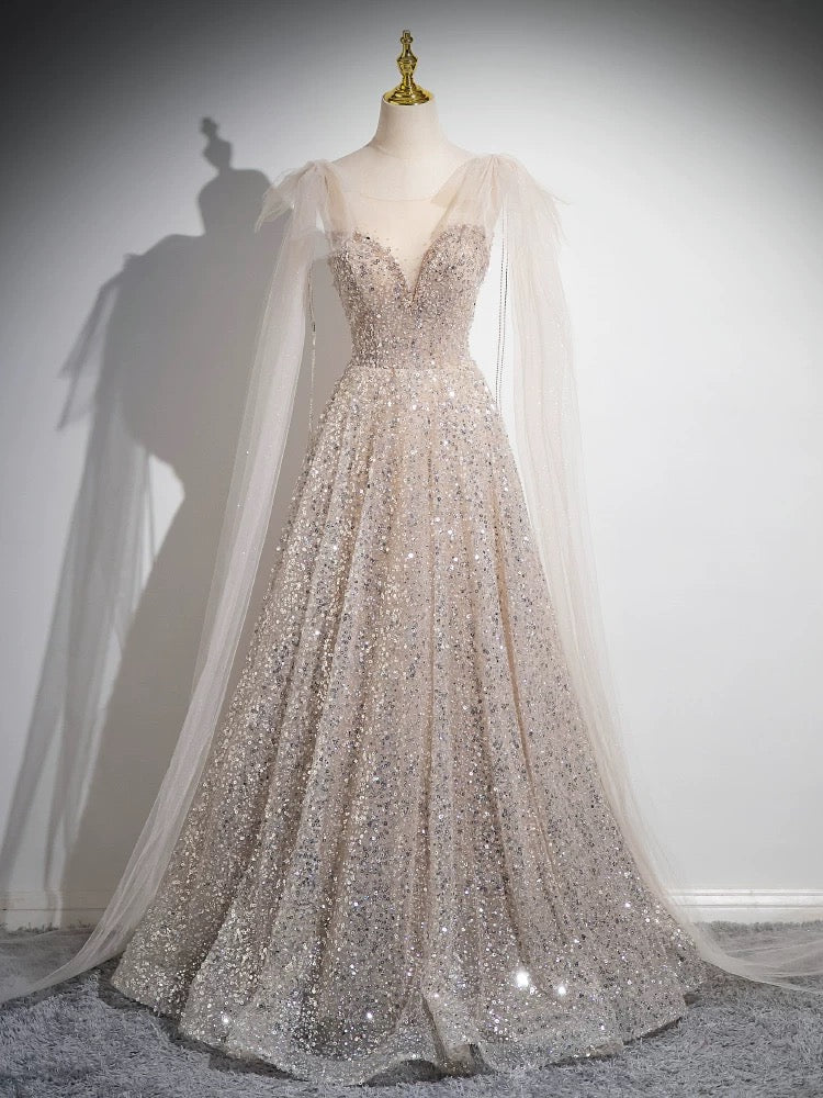 A-Line Scoop Neckline Tulle Champagne Long Prom Dresses, Champagne Sequin Evening Dresses Main image