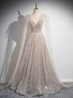 A-Line Scoop Neckline Tulle Champagne Long Prom Dresses, Champagne Sequin Evening Dresses