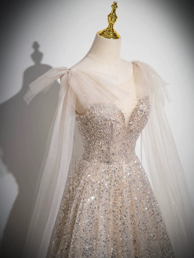 A-Line Scoop Neckline Tulle Champagne Long Prom Dresses, Champagne Sequin Evening Dresses Secondary image