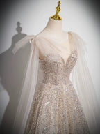 A-Line Scoop Neckline Tulle Champagne Long Prom Dresses, Champagne Sequin Evening Dresses