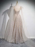 A-Line Scoop Neckline Tulle Champagne Long Prom Dresses, Champagne Sequin Evening Dresses