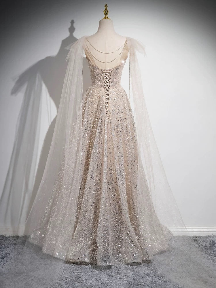 A-Line Scoop Neckline Tulle Champagne Long Prom Dresses, Champagne Sequin Evening Dresses