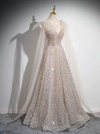 A-Line Scoop Neckline Tulle Champagne Long Prom Dresses, Champagne Sequin Evening Dresses