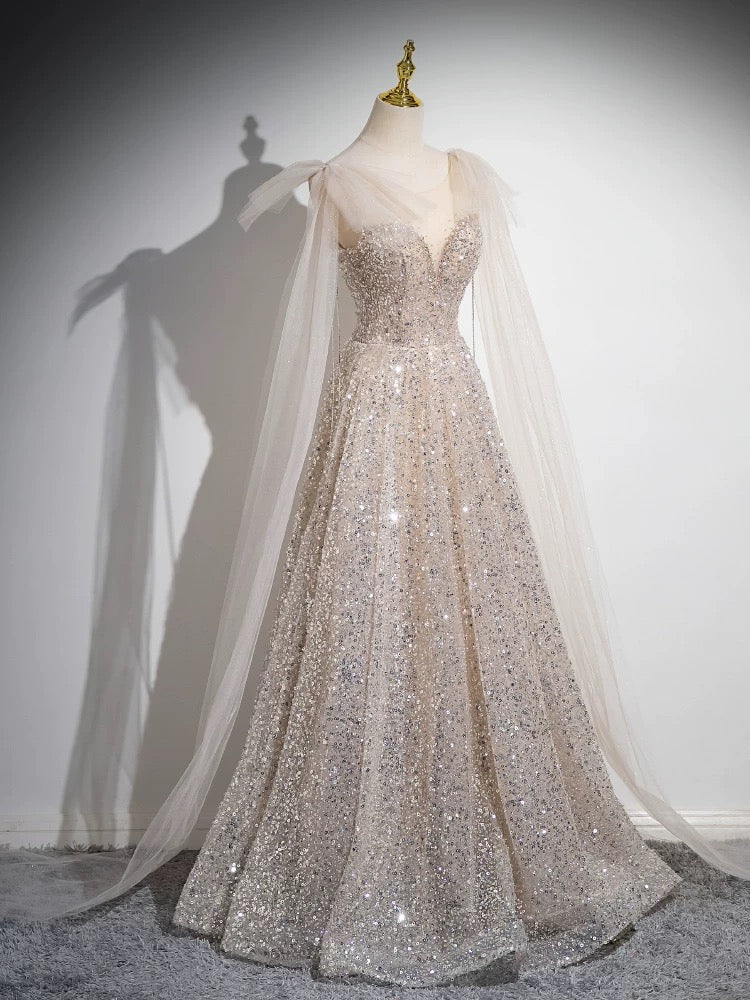 A-Line Scoop Neckline Tulle Champagne Long Prom Dresses, Champagne Sequin Evening Dresses