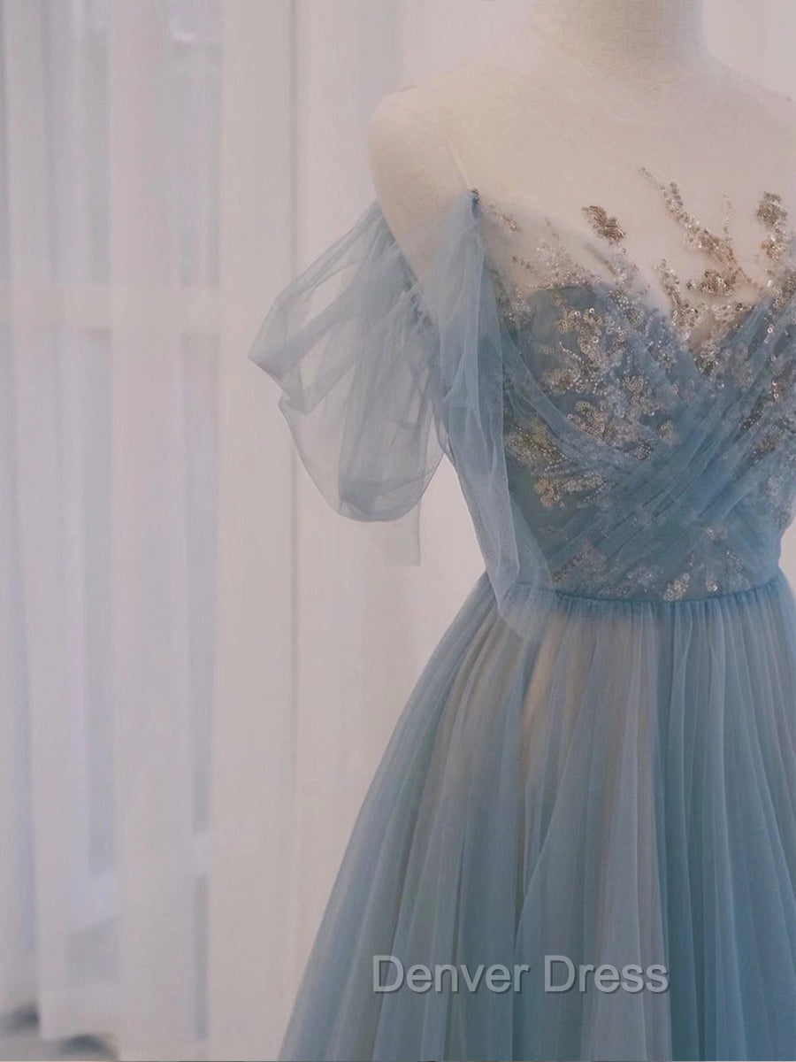 A Line Scoop Neckline Tulle Gray Blue Long Prom Dresses with Sequin