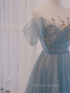 A-Line Scoop Neckline Tulle Gray Blue Long Prom Dresses with Sequin