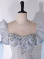 A Line Scoop Neckline Tulle Light Blue Long Prom Dresses with Beads