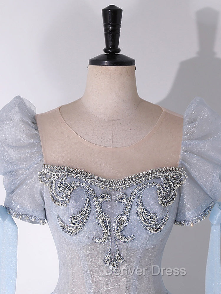 A Line Scoop Neckline Tulle Light Blue Long Prom Dresses with Beads