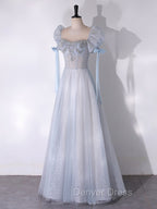 A-Line Scoop Neckline Tulle Light Blue Long Prom Dresses with Beads