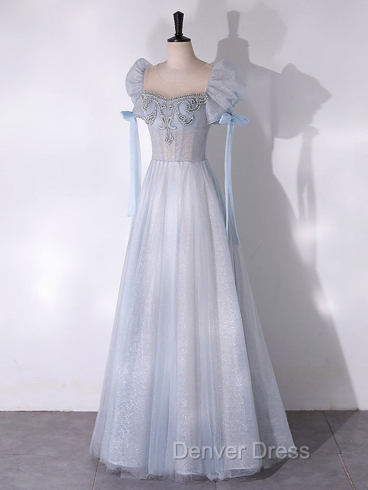 A-Line Scoop Neckline Tulle Light Blue Long Prom Dresses with Beads