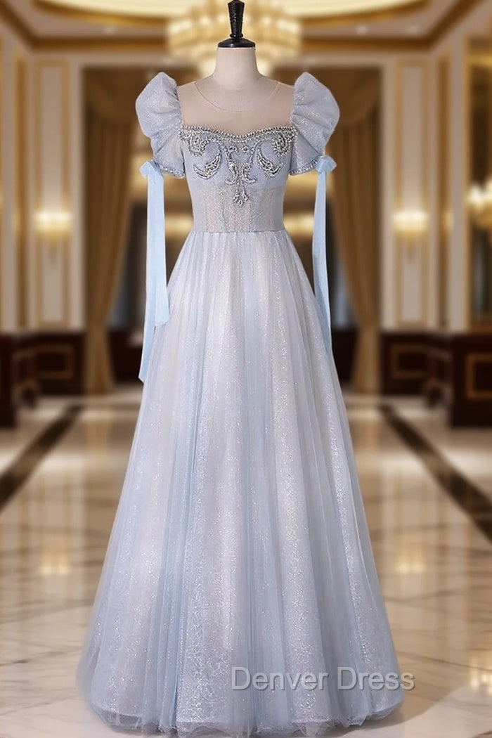A-Line Scoop Neckline Tulle Light Blue Long Prom Dresses with Beads Main image