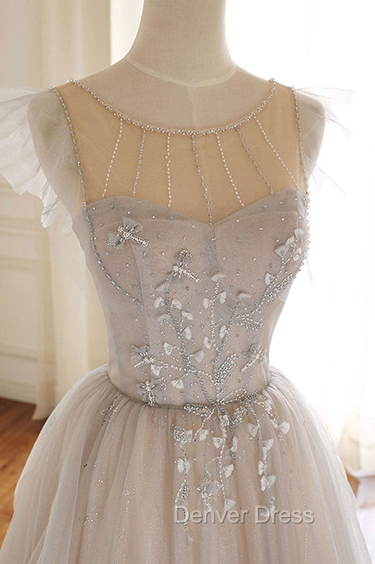 A Line Scoop Neckline Tulle Long Prom Dress with Beaded, Prom Dresses