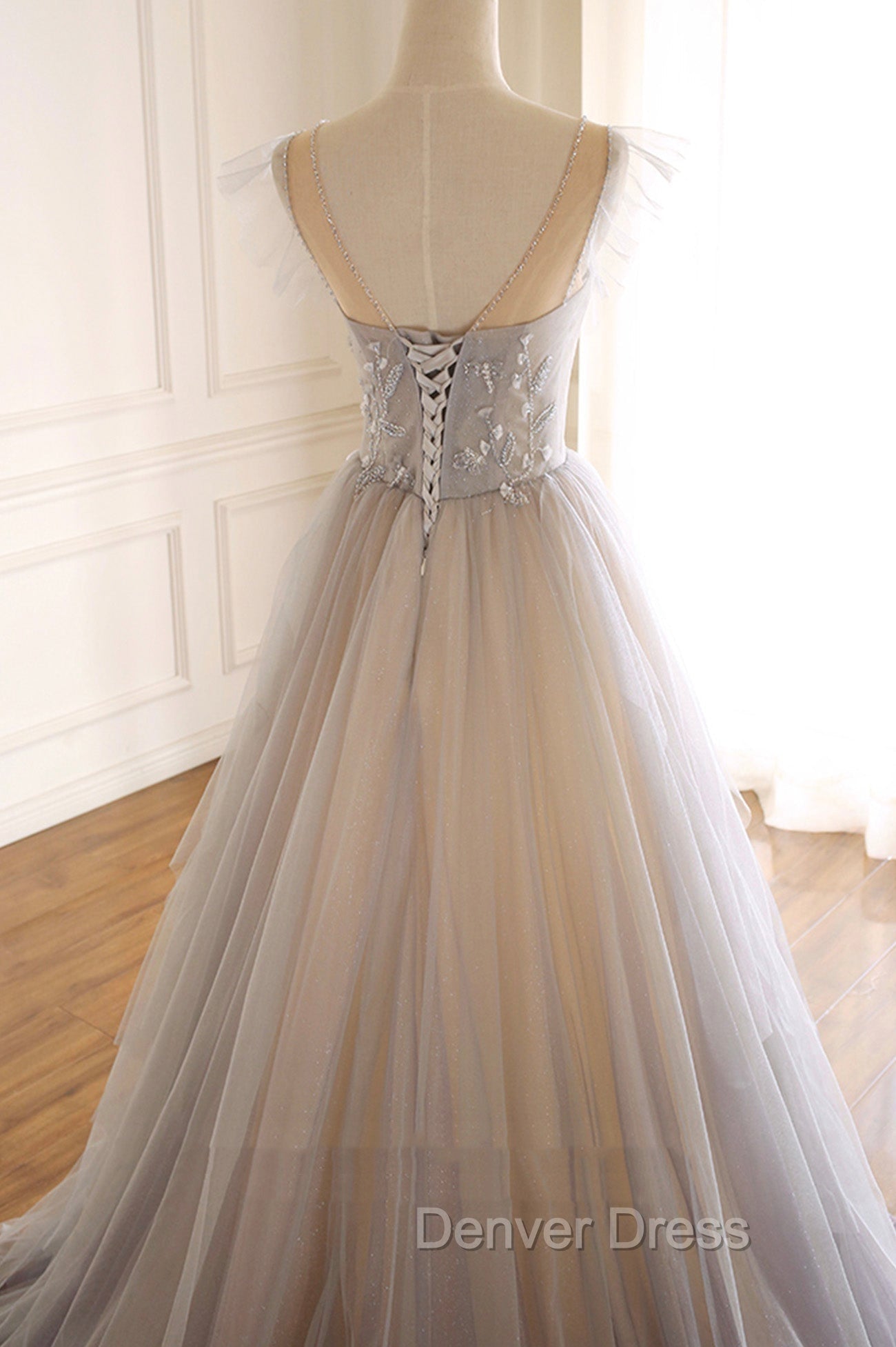A-Line Scoop Neckline Tulle Long Prom Dresses with Beaded, Evening Party Dresses