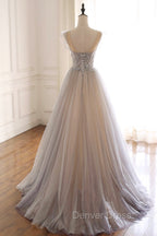 A Line Scoop Neckline Tulle Long Prom Dress with Beaded, Prom Dresses