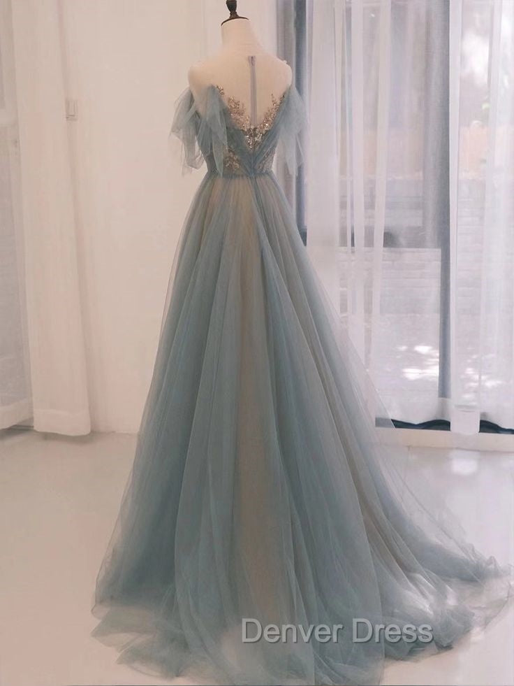 A Line Scoop Neckline Tulle Long Prom Dresses with Sequin Secondary image