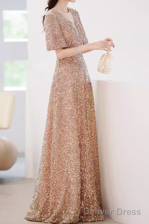 A line Sequin Gold Party Dress Long Prom Dress Main image