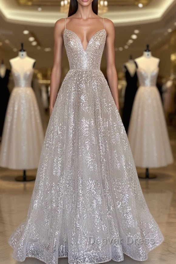 A Line sequin long prom Dress, Champagne sequin Prom Dresses Main image