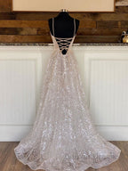 A Line sequin long prom Dress, Champagne sequin Prom Dresses