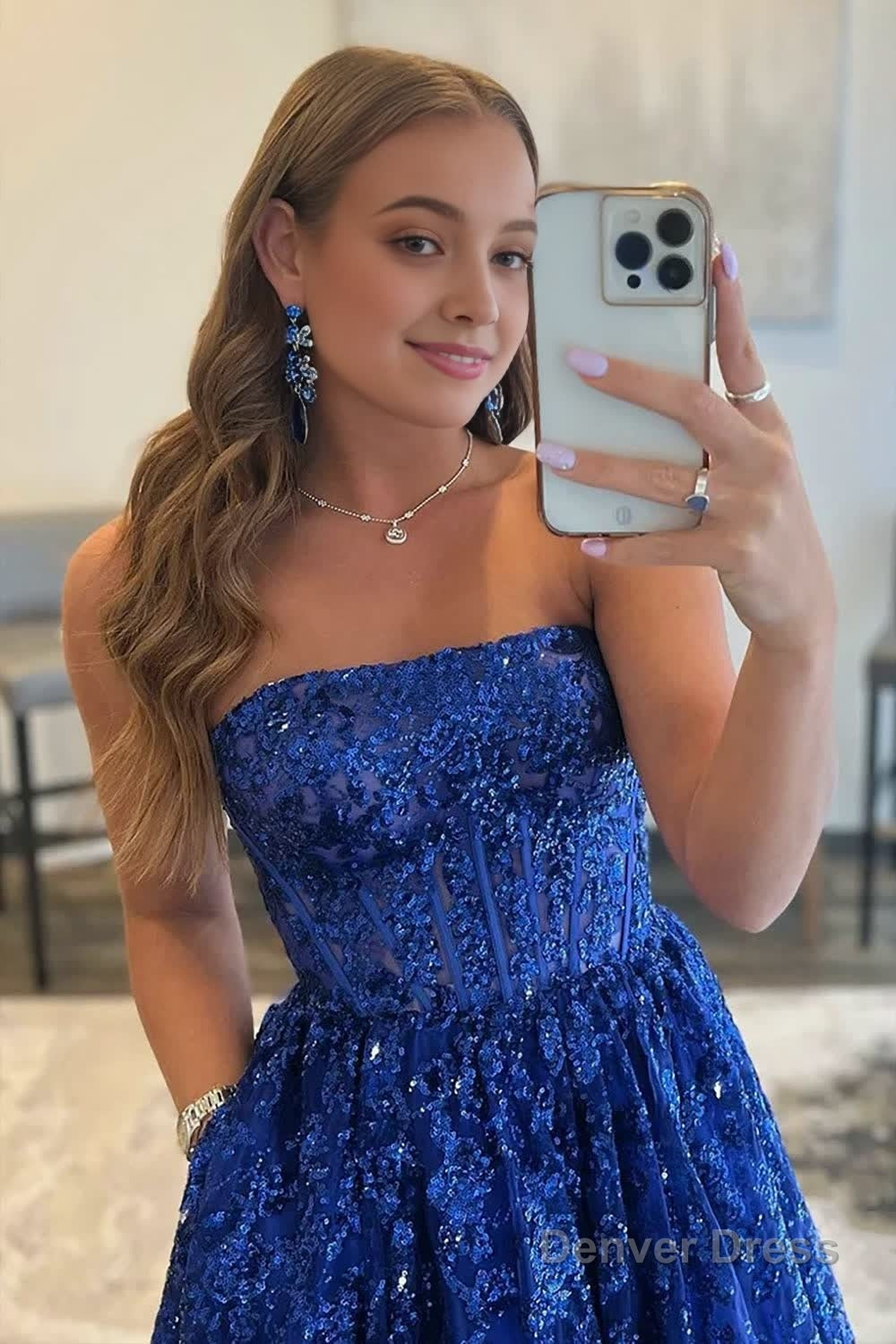 A Line Sequined Lace Long Prom Dresses with Pockets