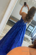 A Line Sequined Lace Long Prom Dresses with Pockets