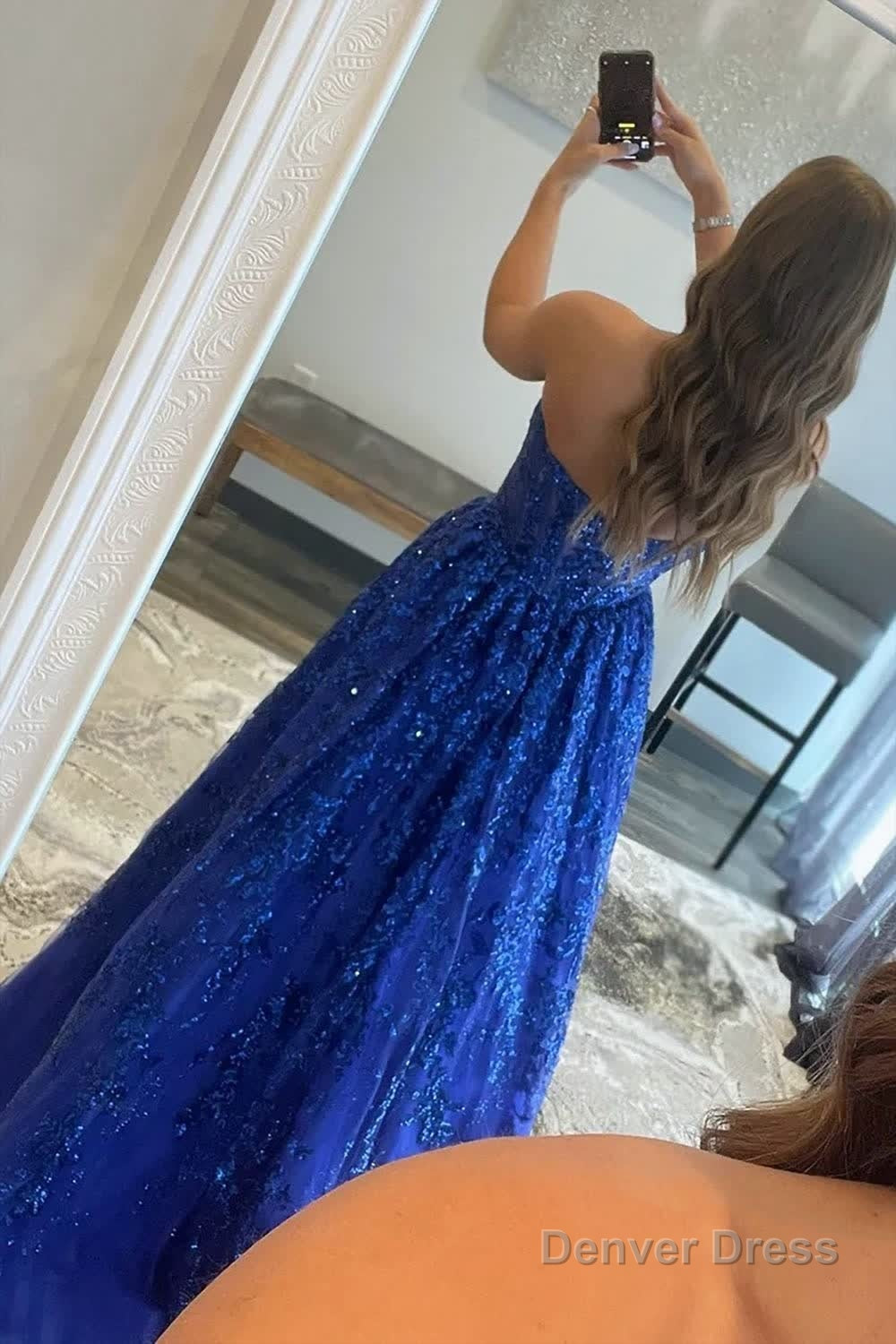 A Line Sequined Lace Long Prom Dresses with Pockets
