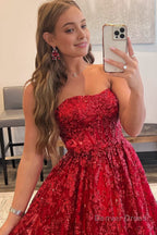 A Line Sequined Lace Long Prom Dresses with Pockets