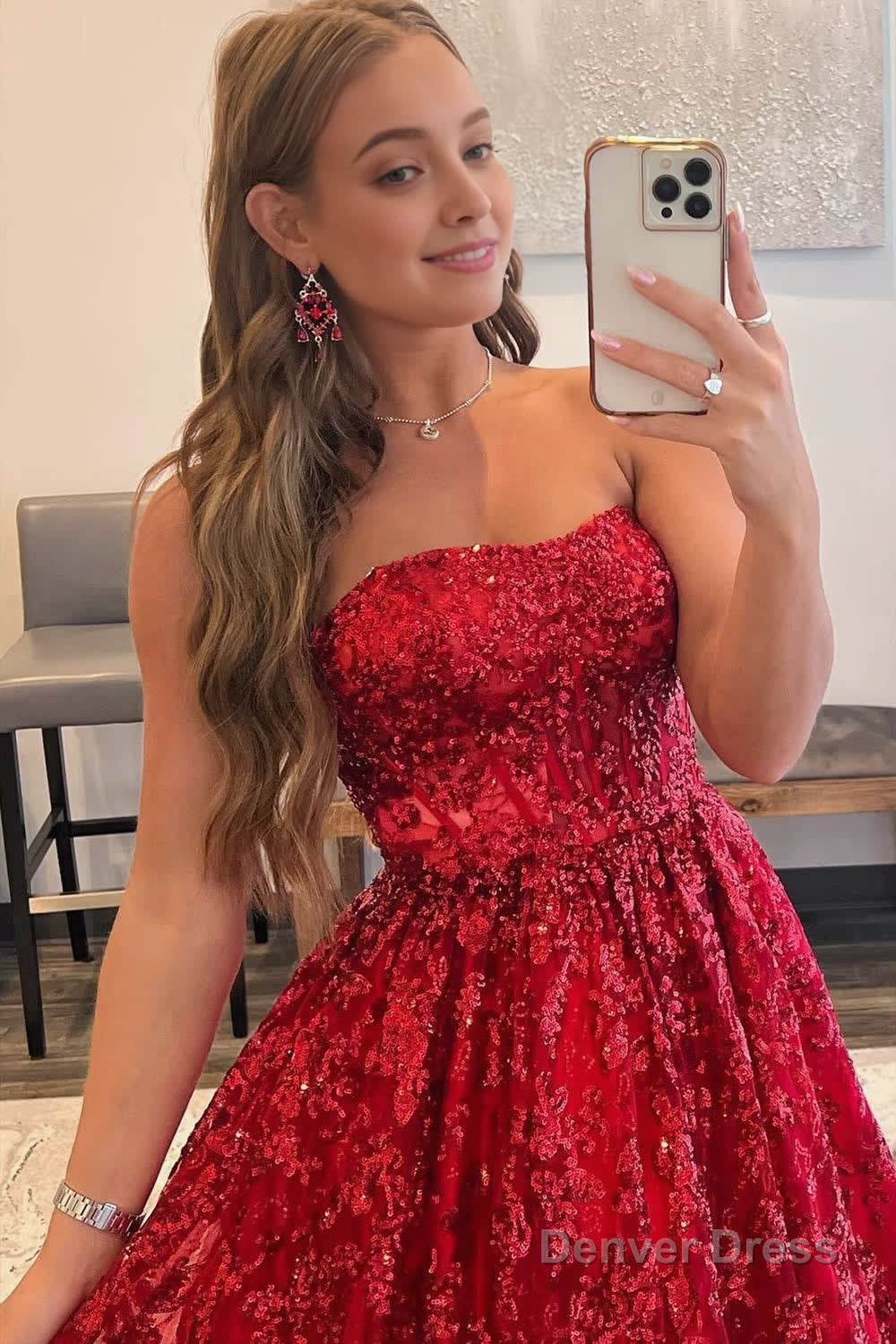 A Line Sequined Lace Long Prom Dresses with Pockets