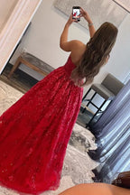 A Line Sequined Lace Long Prom Dresses with Pockets