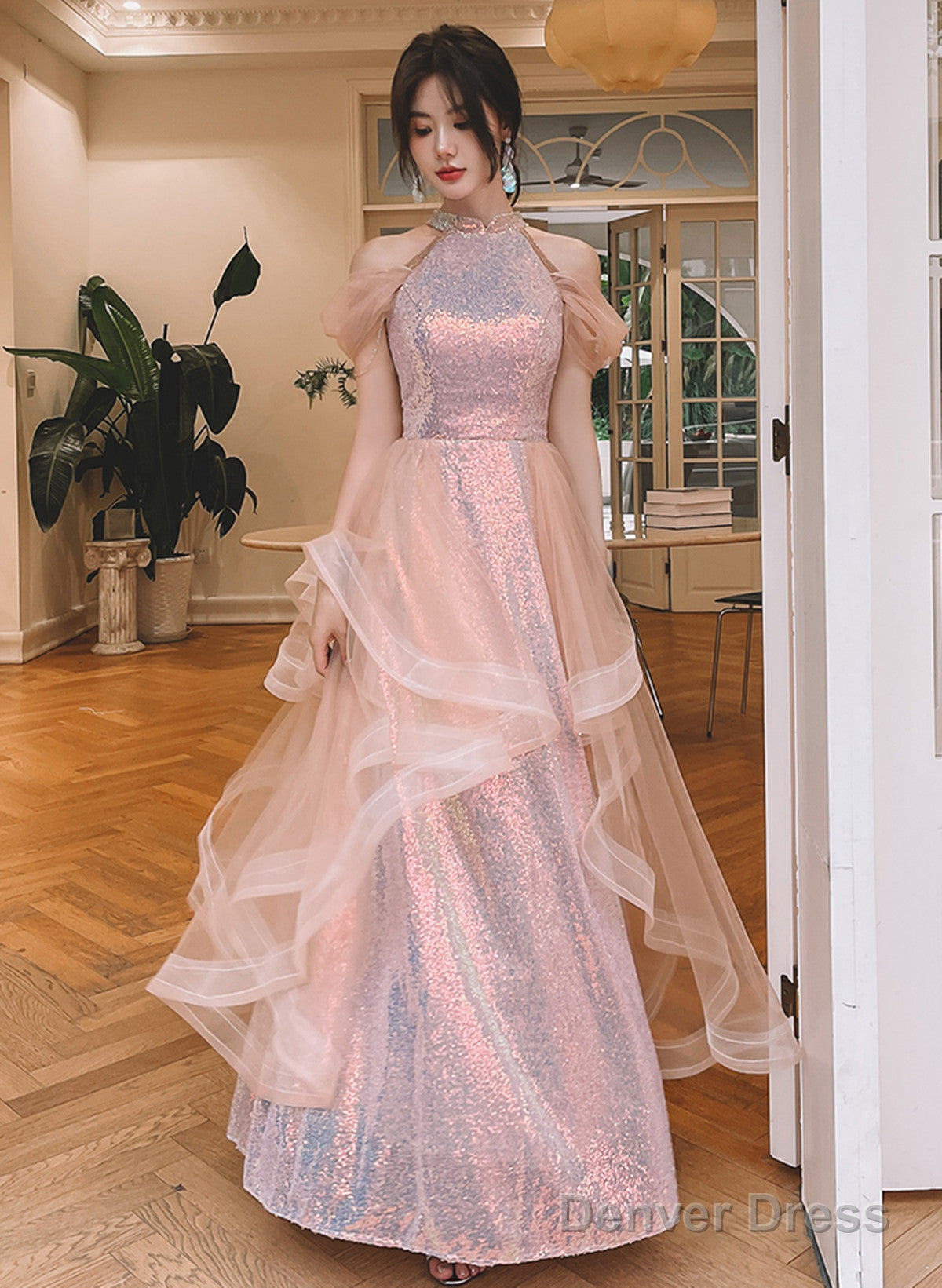 A-Line Sequins And Tulle Pink Long Evening Dress, Pink Tulle Prom Dress Main image