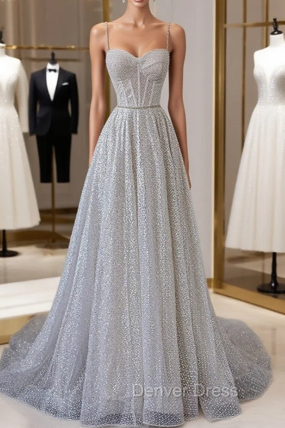 A-Line Sequins Long Prom Dresses, Spaghetti Strap and Corset Evening Dresses Main image