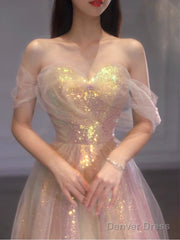 A-Line Sequins Off Shoulder Simple Long Formal Dress, Sweetheart Prom Dress Evening Dress