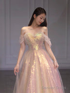 A-Line Sequins Off Shoulder Simple Long Formal Dress, Sweetheart Prom Dress Evening Dress