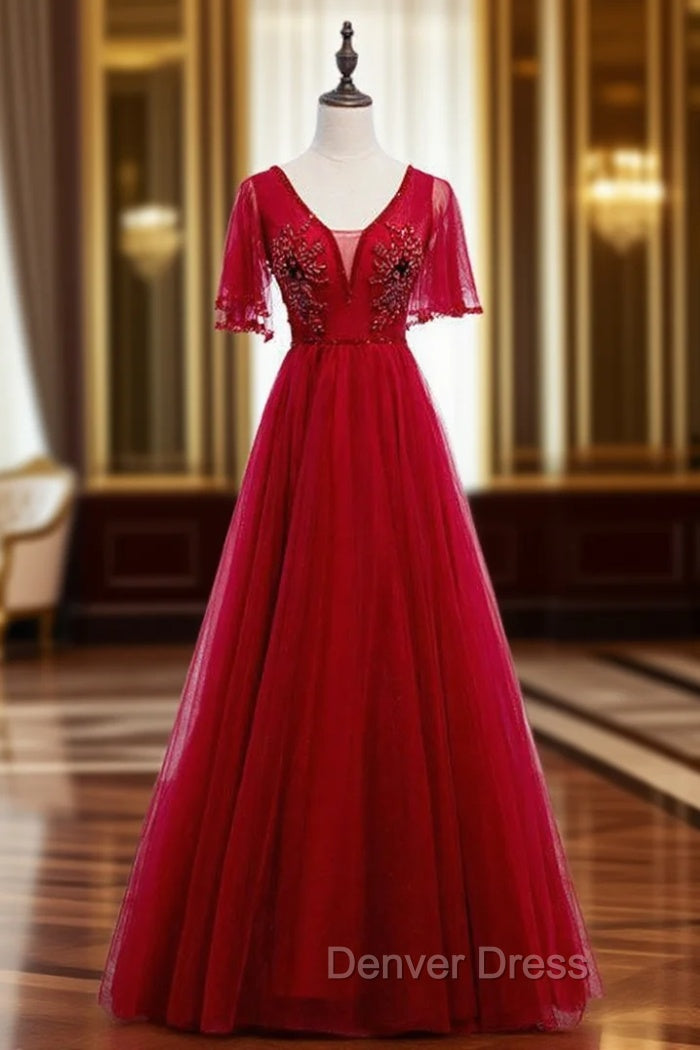 A-Line Sexy Burgundy Tulle V-neck Backless Beading Prom Dresses Main image
