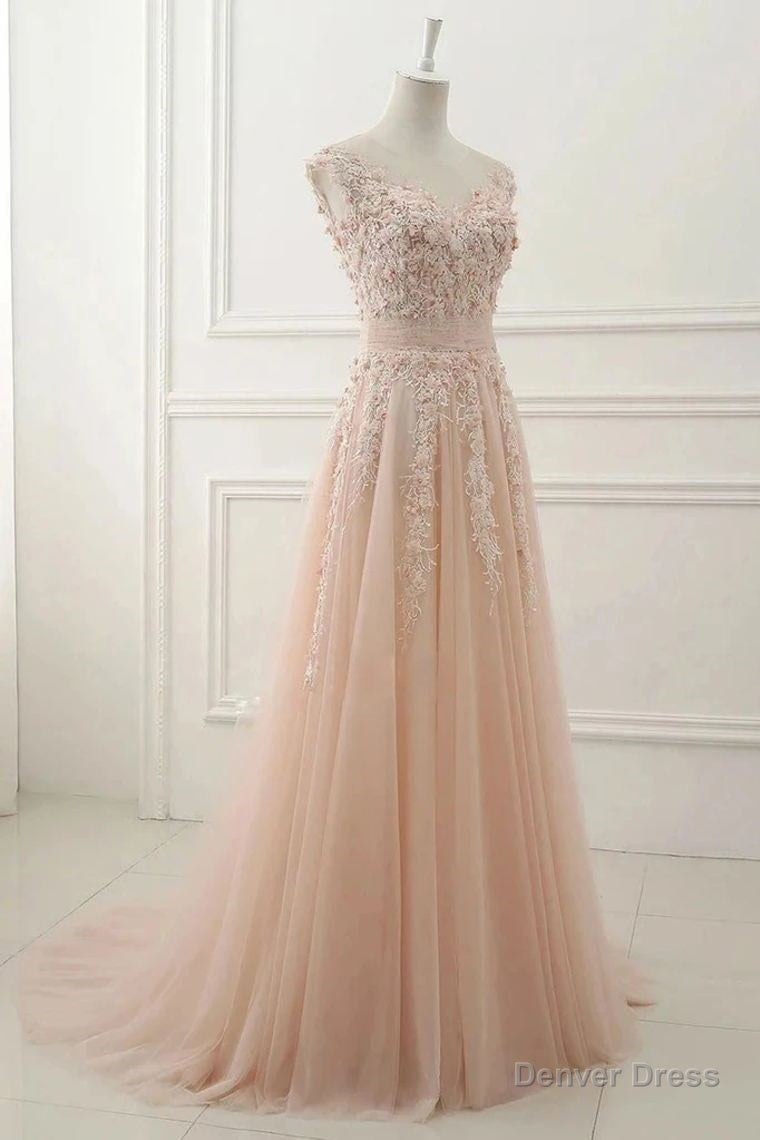 A Line Sheer Neck Cap Sleeves Tulle Prom Dresses With Appliques Main image