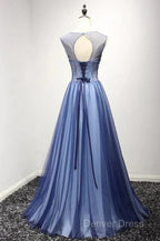 A Line Sheer Neck Rhinestones Long Tulle Prom Dresses Floor Length Beautiful